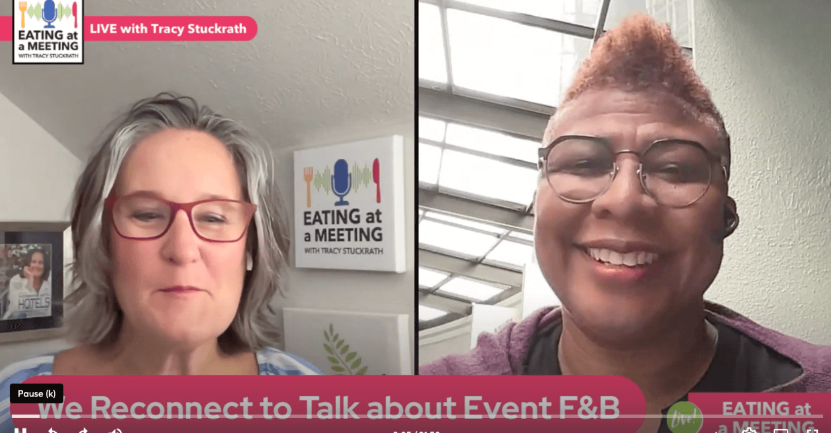 Two women on screen talking about "We Reconnect to Talj=k about Event F&B" and inclusive event dining